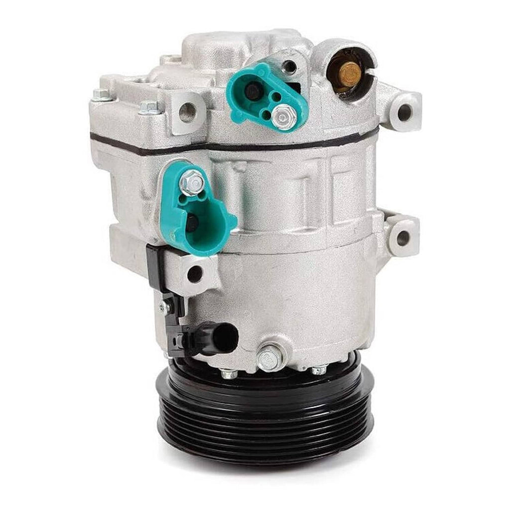 A/C compressor with clutch, top view showing teal connectors and black drive pulley