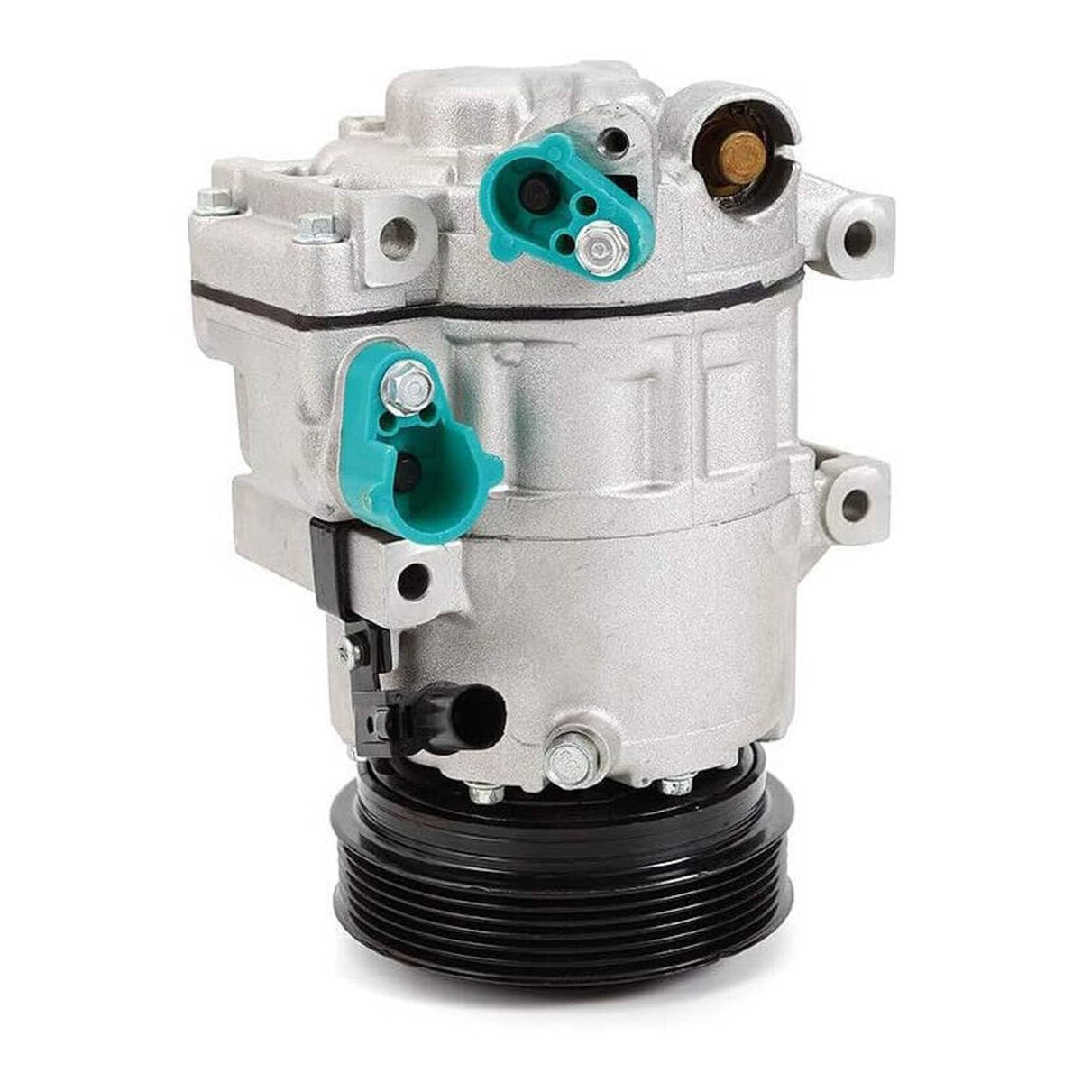 A/C compressor with clutch, top view showing teal connectors and black drive pulley