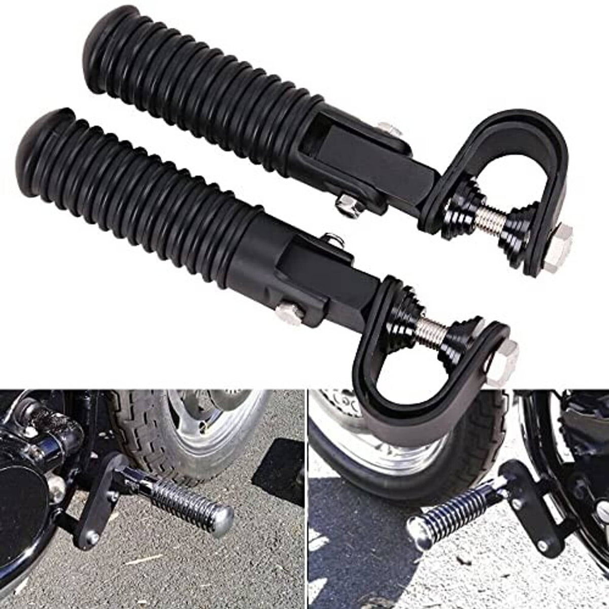 Pair of black ribbed motorcycle foot pegs with U-clamp brackets and screw hardware