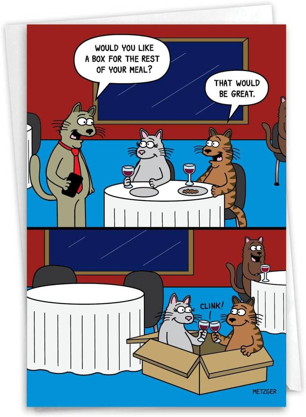 Anniversary note card with envelope, cartoon animals at dinner table and desk scene speech bubble