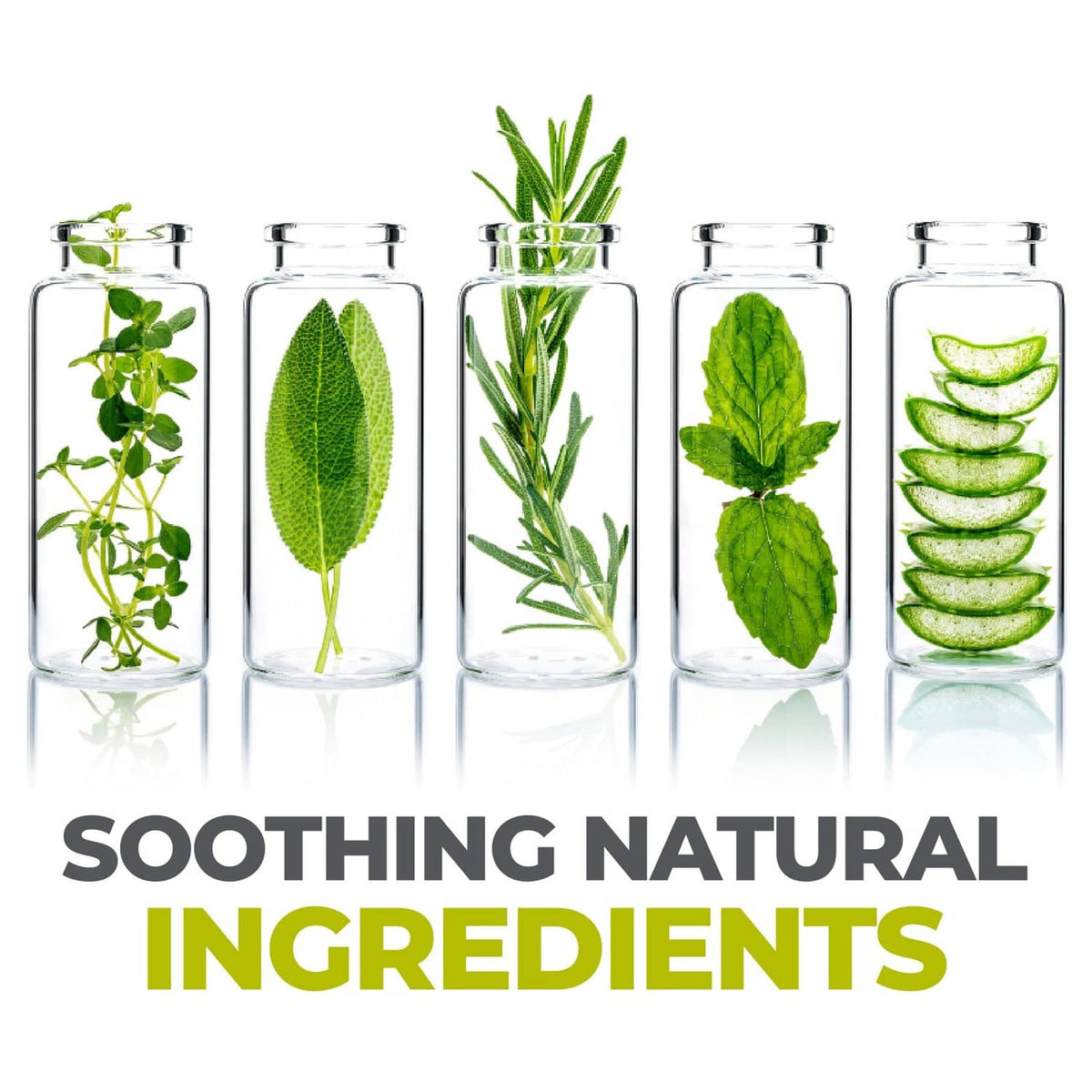 Glass bottles of green herbal ingredients with 'Soothing natural ingredients' text.