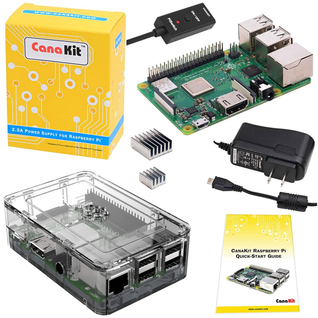 Raspberry Pi 3 B+ starter kit: green circuit board, clear case, power adapter