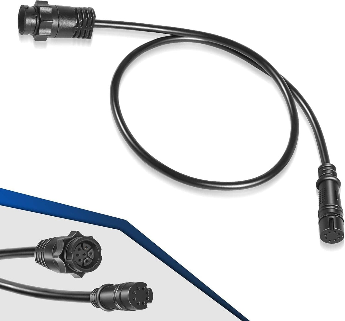 7-pin transducer adapter cable with two black connectors and coiled black cord