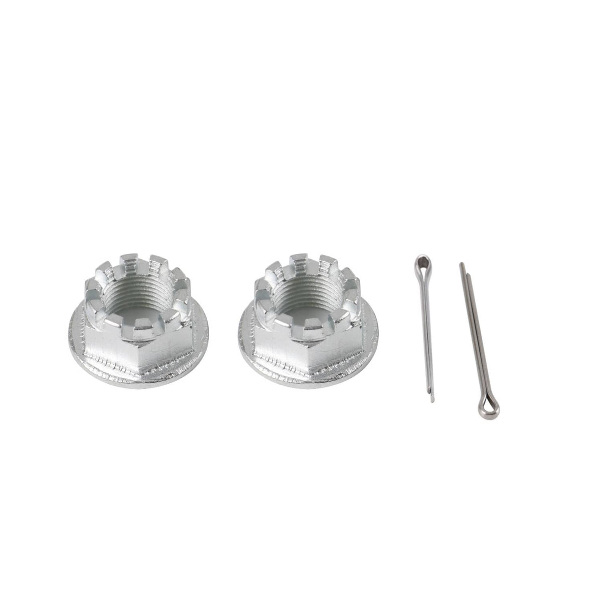 Two wheel hub nuts with splines plus cotter pins