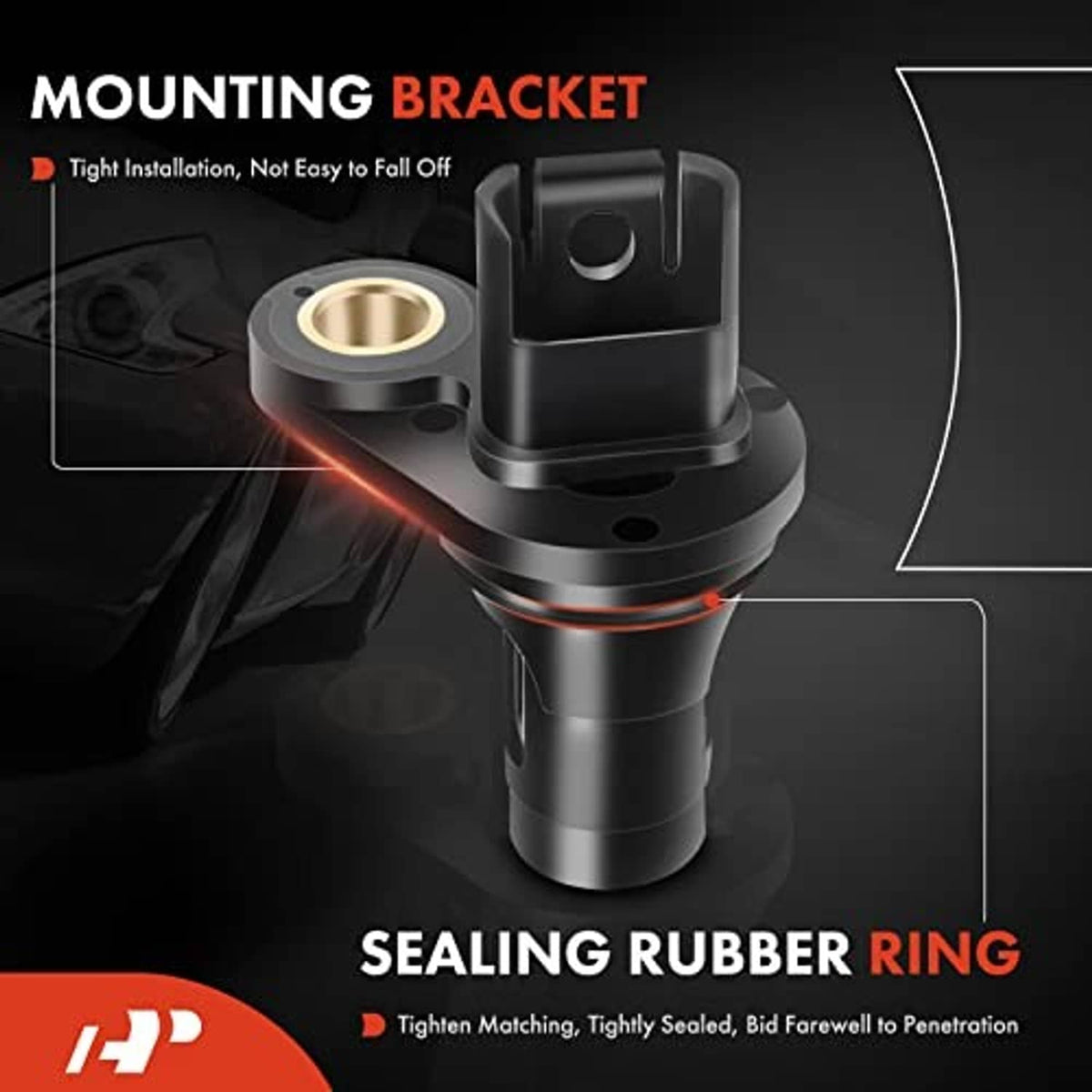 Engine crankshaft position sensor with mounting bracket and sealing ring, black and metal