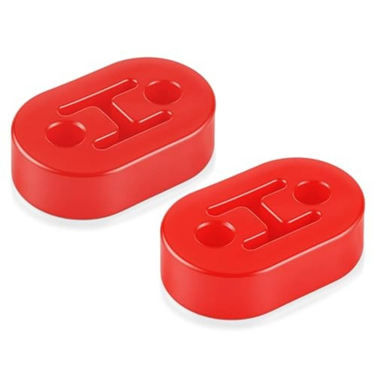 Two red rubber exhaust hangers with molded lettering on oval pads