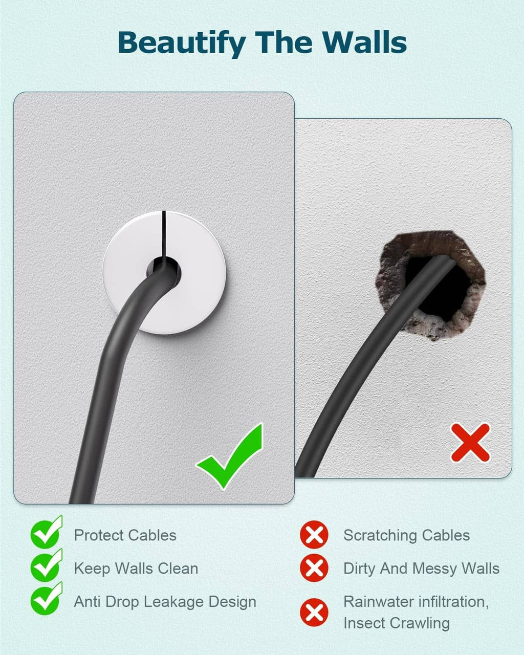 Wall-mounted white grommet with black cable passing through the center