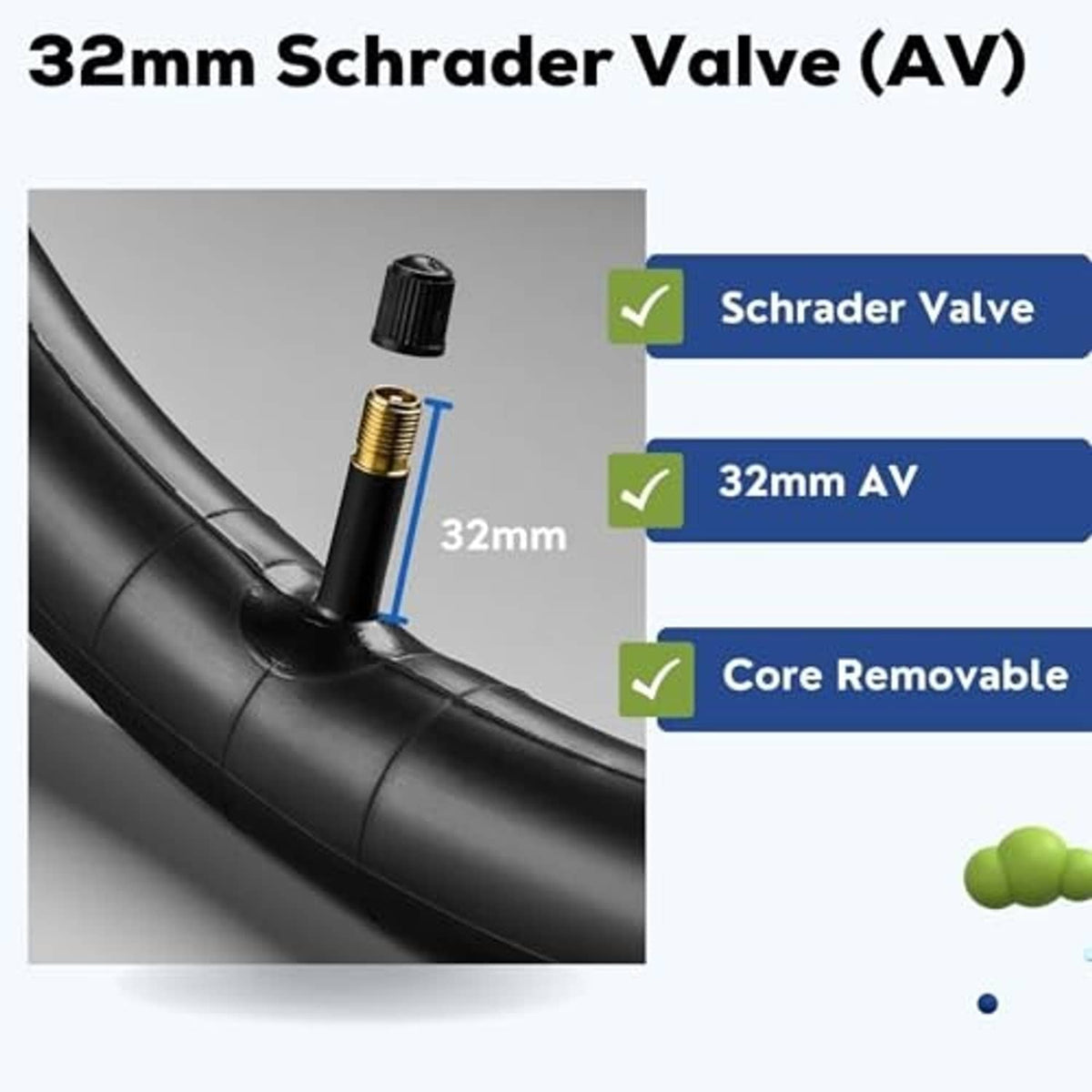 Black inner tube close-up with 32mm Schrader valve stem