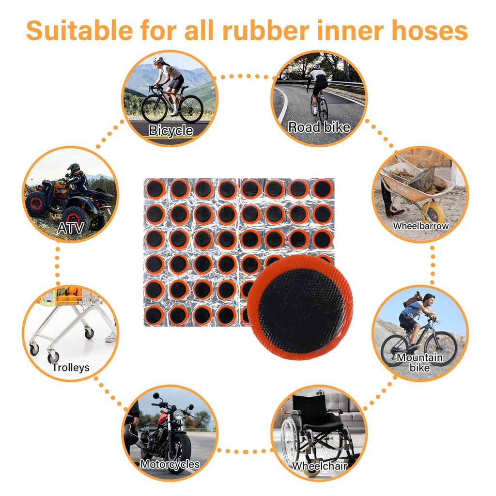 Round rubber tire patches set for bike and wheel applications, orange backing disc shown