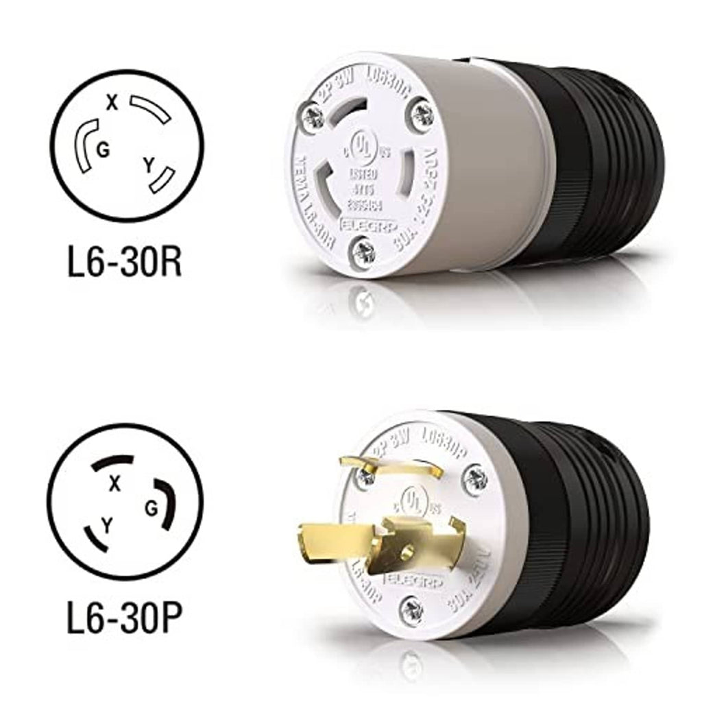 NEMA L6-30R connector and L6-30P plug, cylindrical white housing, black ribbed exterior, gold contacts