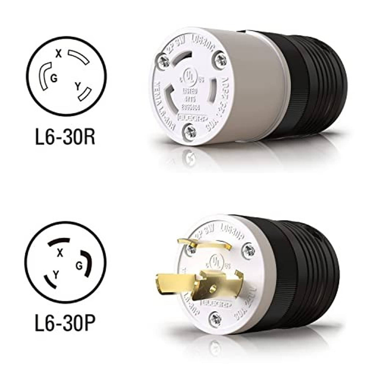 NEMA L6-30R connector and L6-30P plug, cylindrical white housing, black ribbed exterior, gold contacts