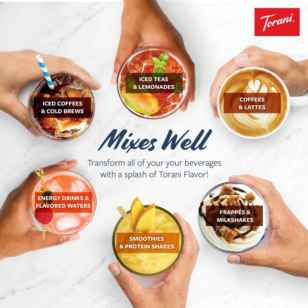 Sugar-free syrup flavor mix ideas graphic with hands holding drink cups