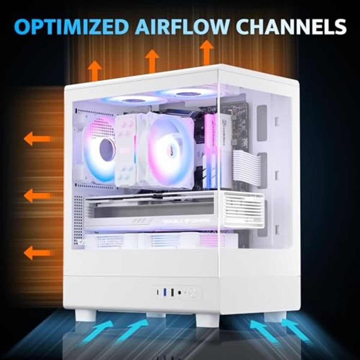 White micro-ATX PC case with clear side window and installed ARGB-lit fans