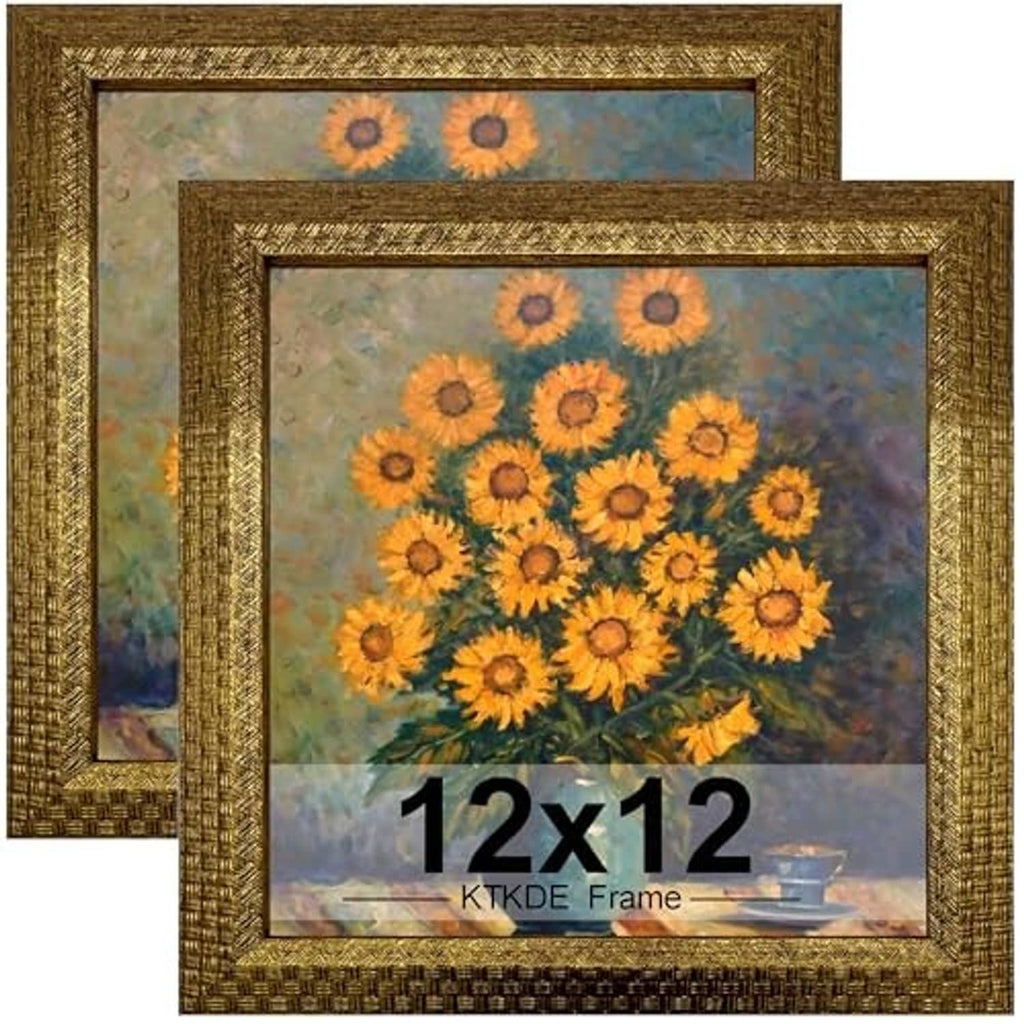 Two square 12x12 gold photo frames with ornate textured borders
