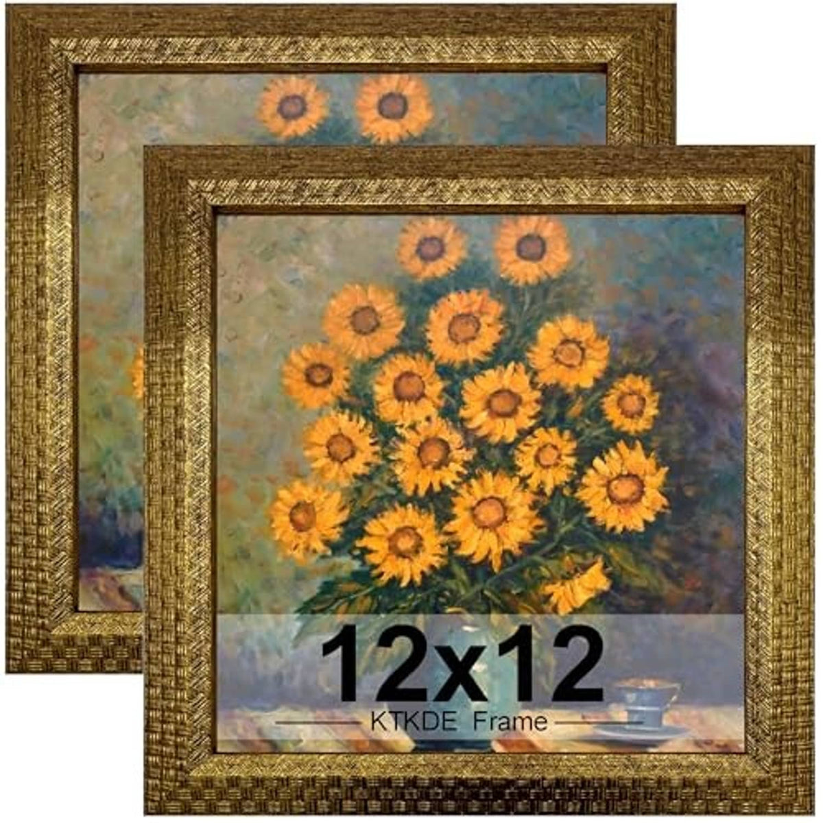 Two square 12x12 gold photo frames with ornate textured borders
