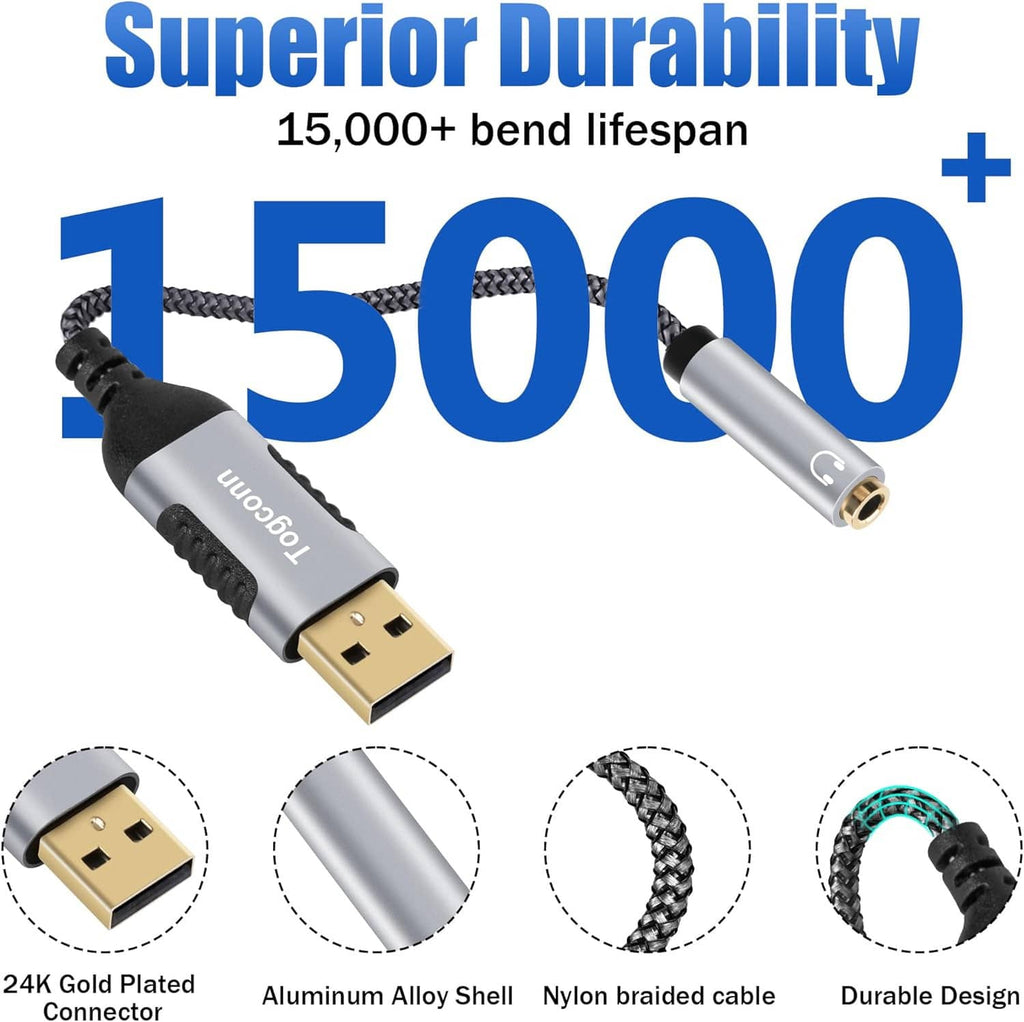 USB-A to 3.5mm TRRS adapter with durable braided cable and gold-plated plugs