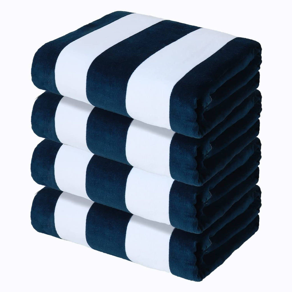 Pack of 4 oversized cotton cabana towels in navy and white classic stripes, folded