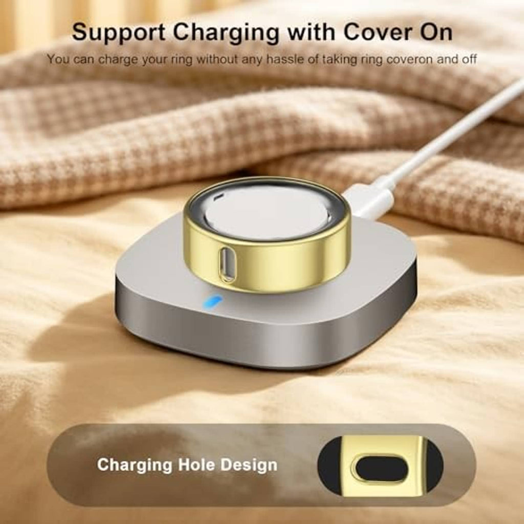 Gold ring cover on a charging dock base with contact hole for Oura ring, size 10