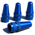 Blue anodized Presta valve caps set, diamond grip texture and tapered protective tops