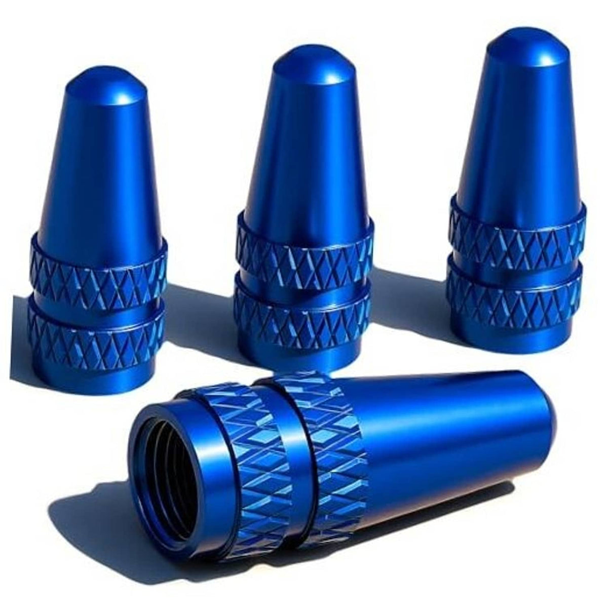 Blue anodized Presta valve caps set, diamond grip texture and tapered protective tops