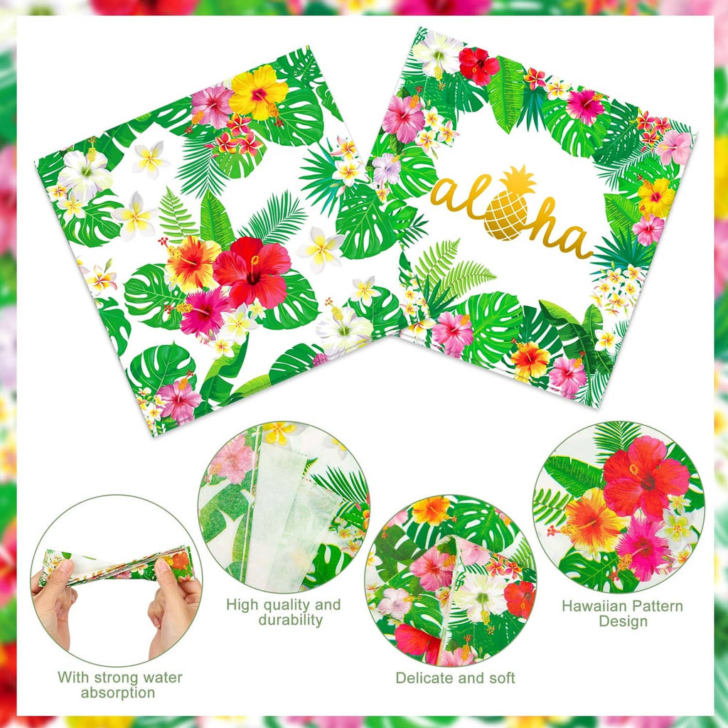 Assorted tropical paper plates and napkins, white 'aloha' with green leaves and flowers