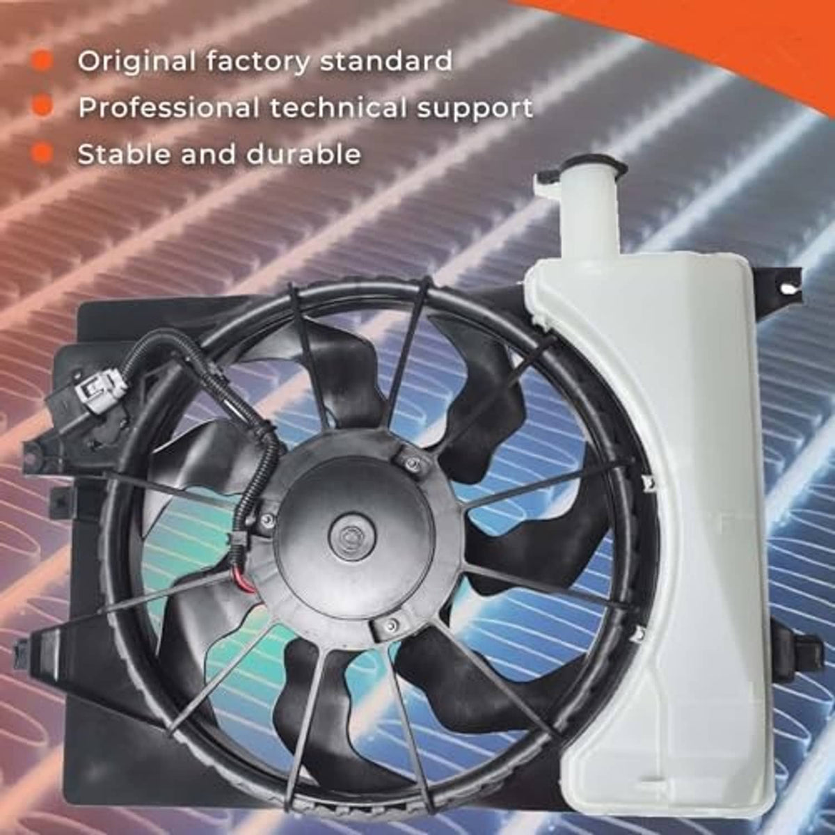 Radiator cooling fan assembly with black blades and white reservoir housing
