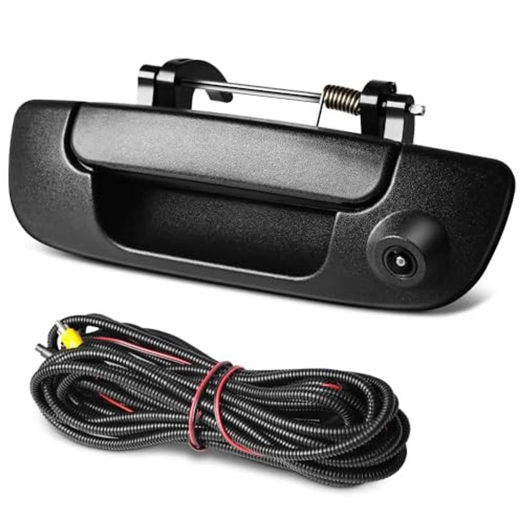 Black rear tailgate handle backup camera with lens opening and attached wiring cable