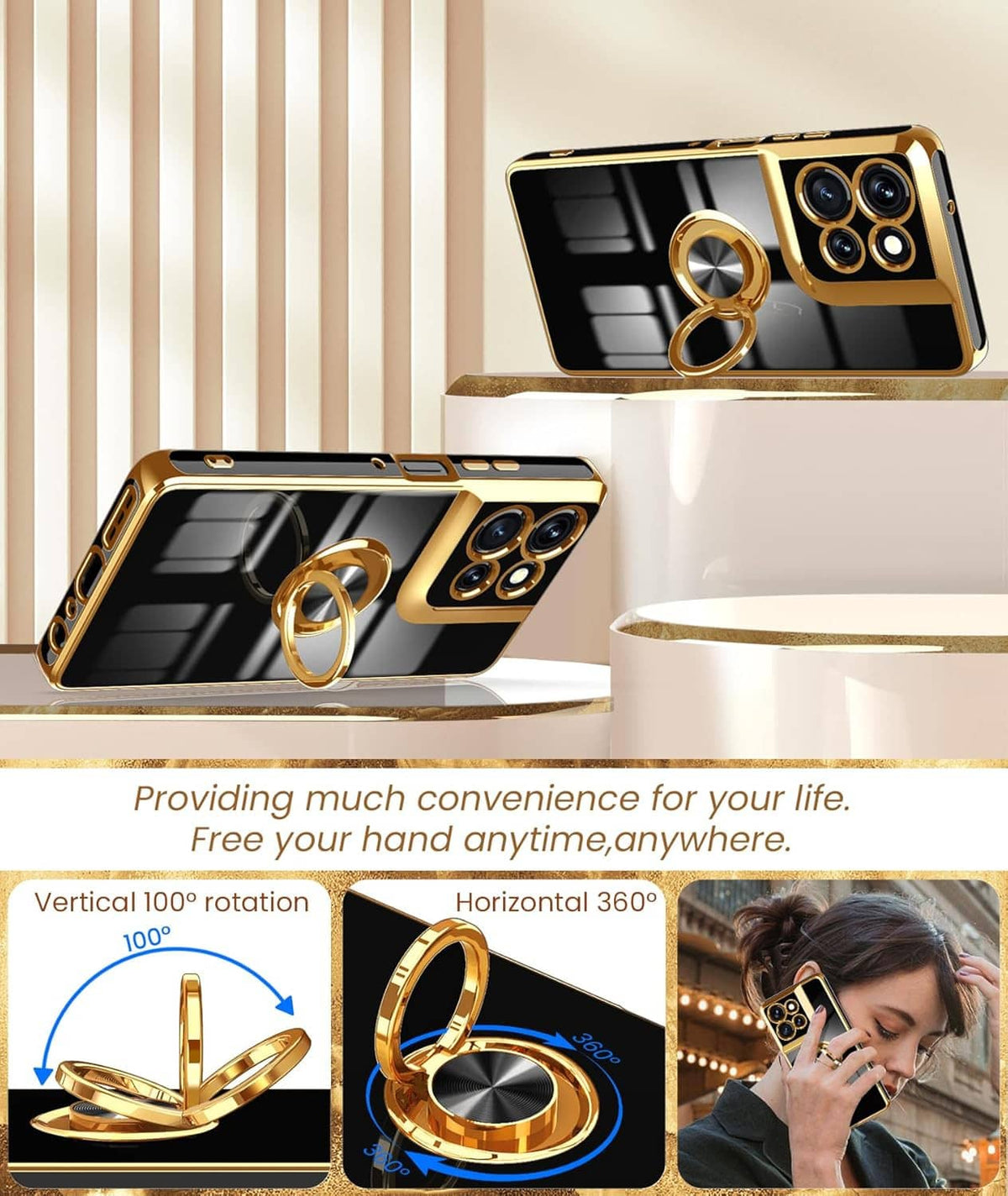 Gold phone case with rotating ring holder showing vertical and horizontal rotation