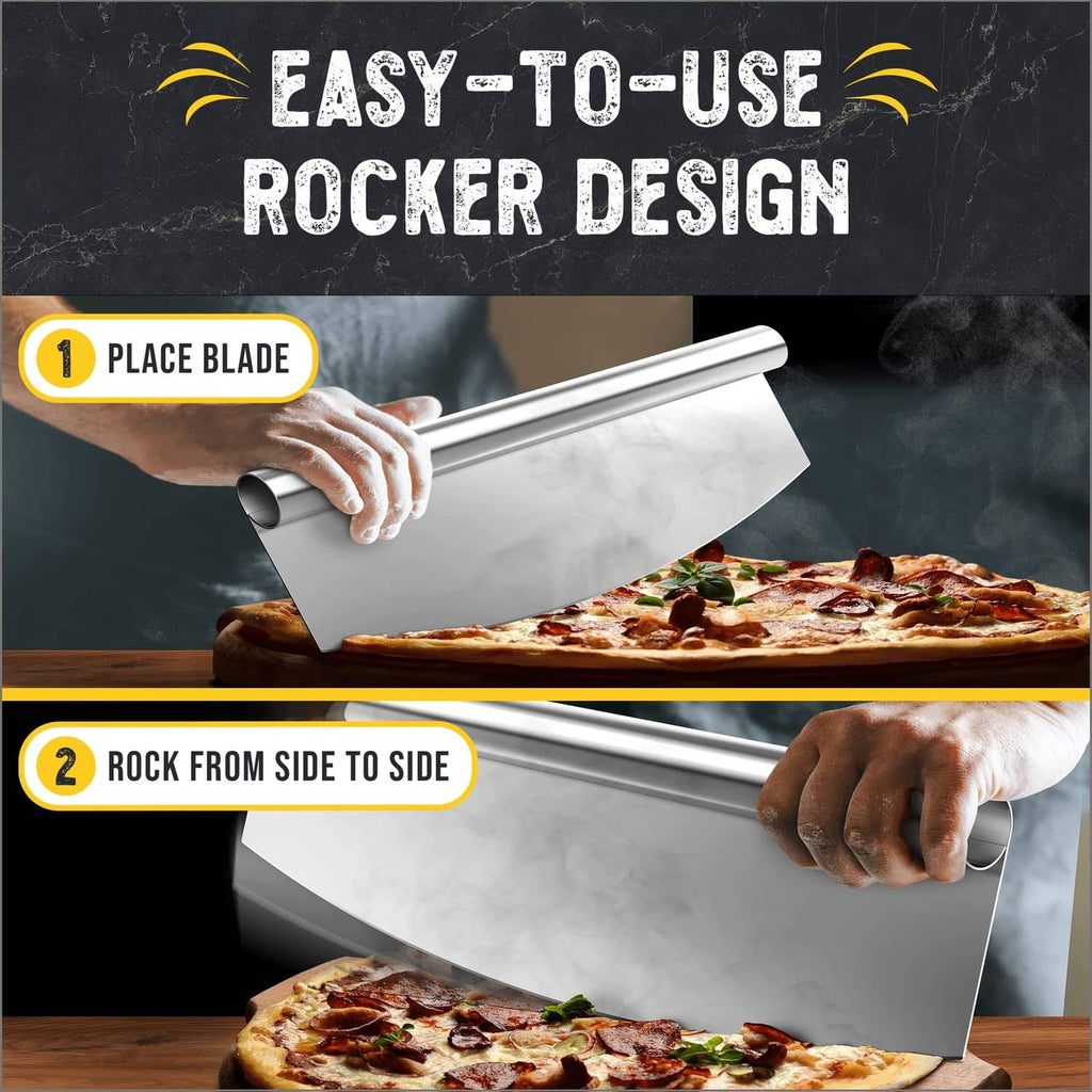 Stainless steel pizza rocker cutter with wide blade and black grip handles