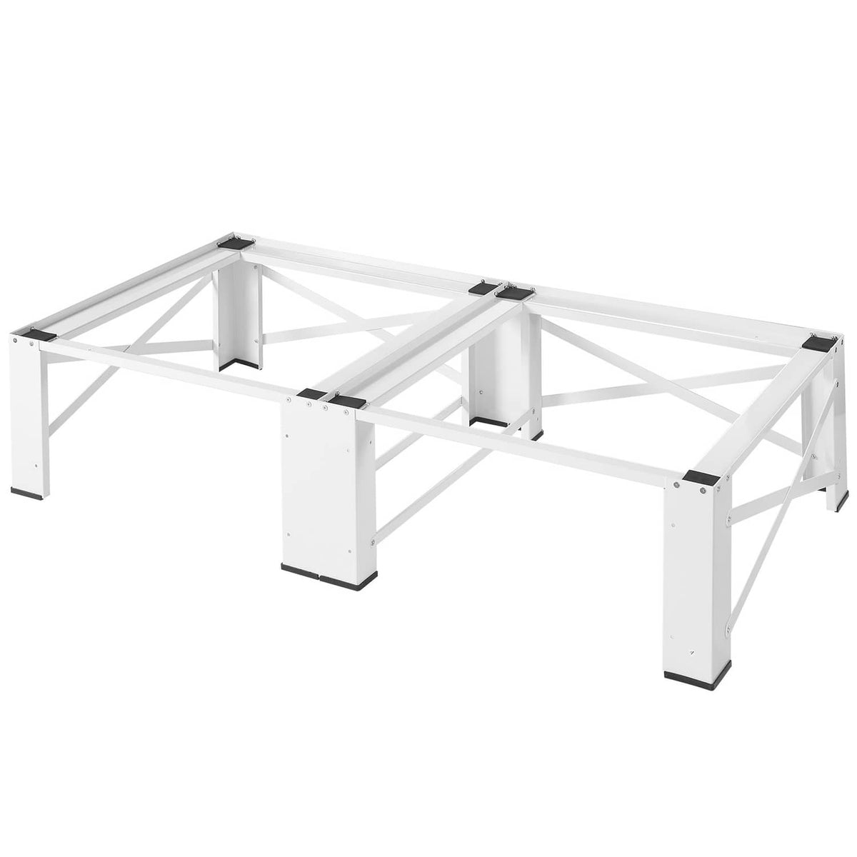 White laundry pedestal frame, long platform with four legs and cross-brace supports