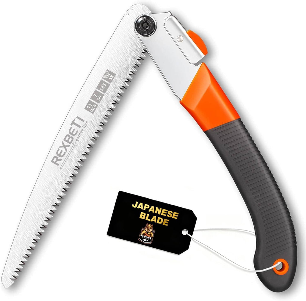 Folding hand saw with Japanese blade, orange lock, and black rubber handle