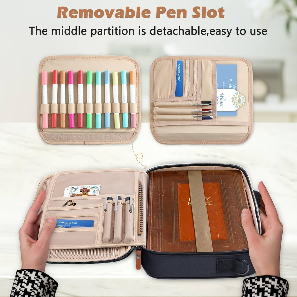 Aplufine Bible cover with detachable pen section, pen slots and inner pockets, tan lining