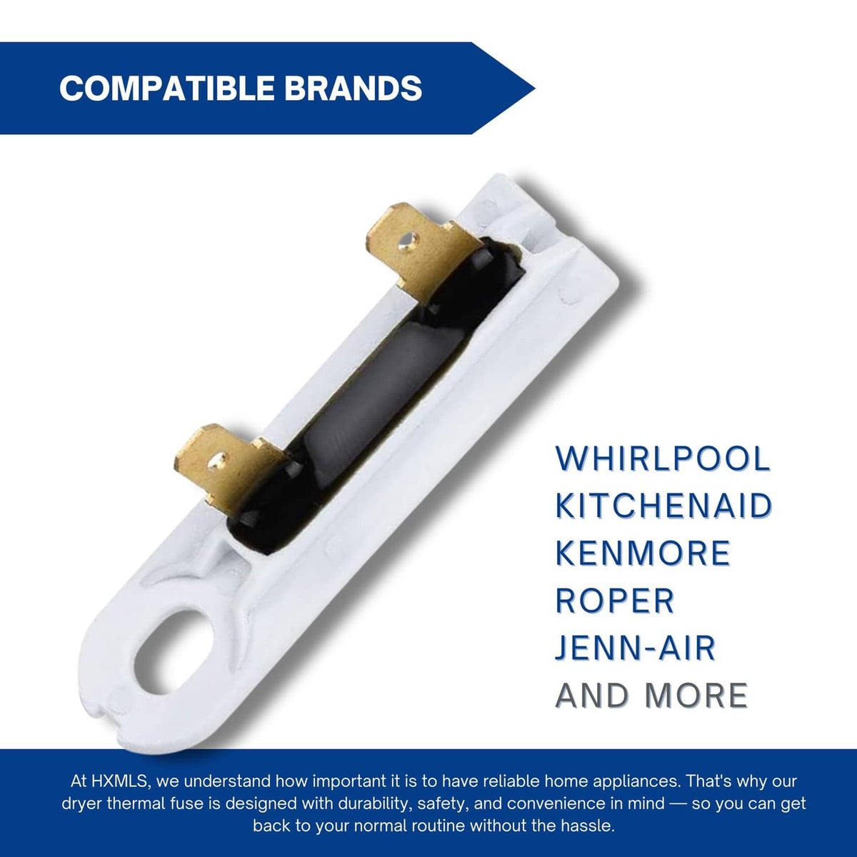 Dryer thermal fuse assembly, white base with black strip and gold terminals