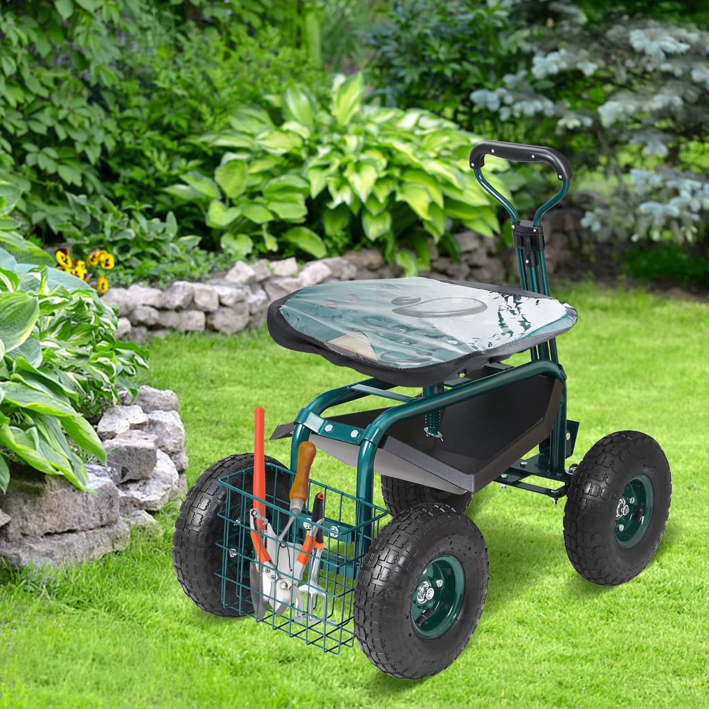 Green rolling garden cart with seat, front storage basket, and four large wheels