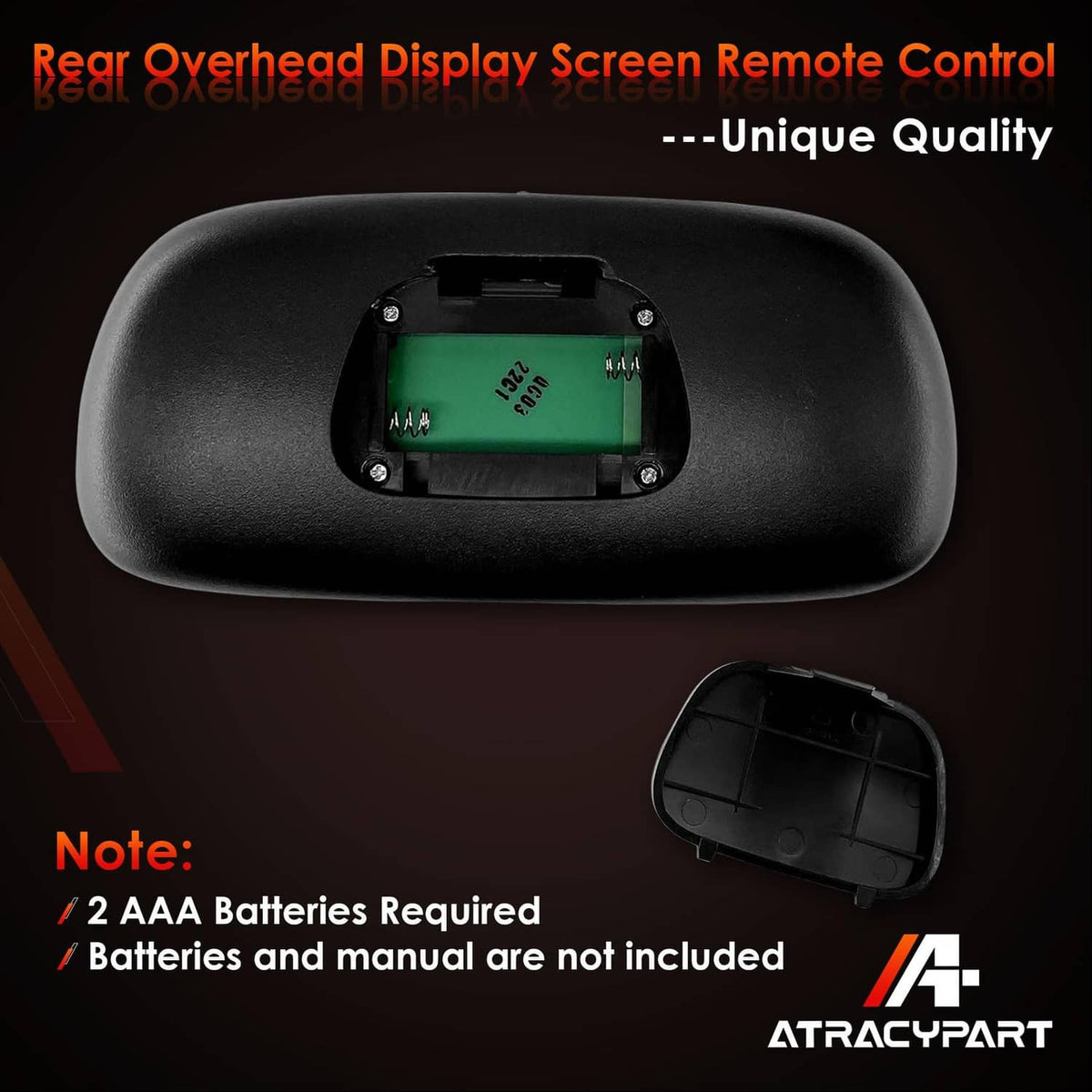 Black rear overhead display remote control with opened battery door and battery area