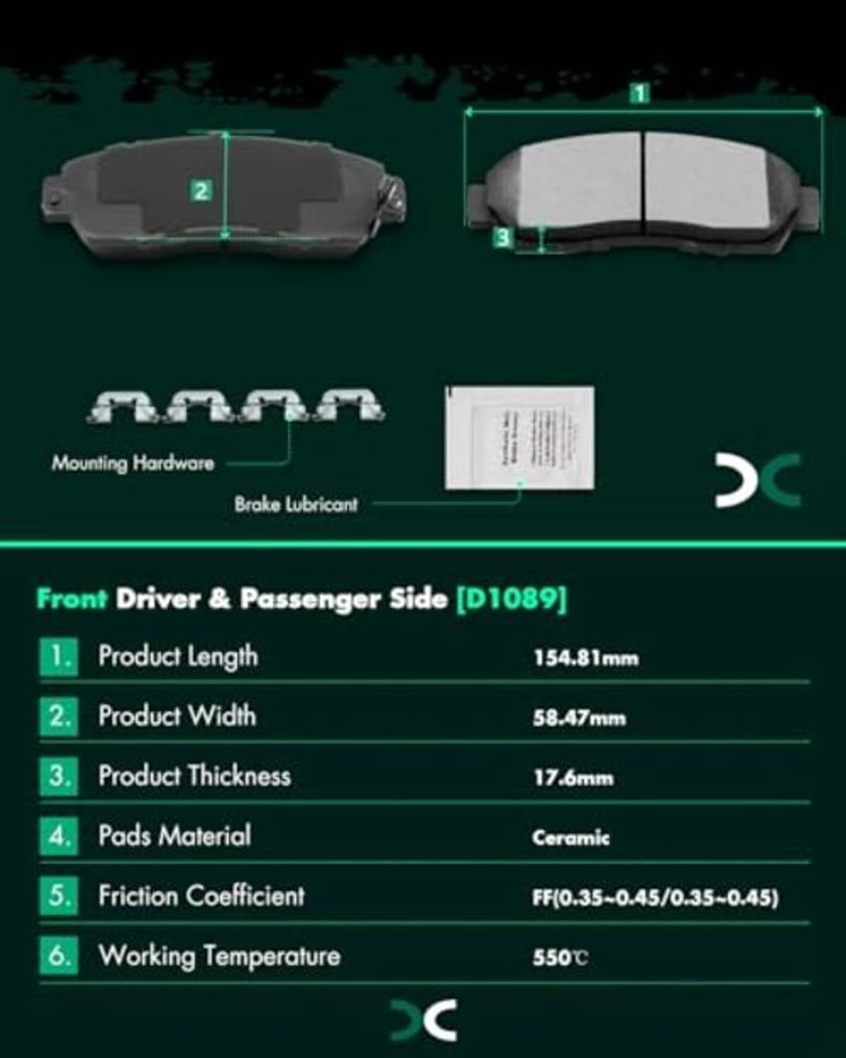 Front ceramic brake pad set diagram with labeled dimensions and included brake hardware
