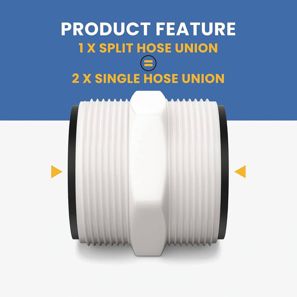 White split hose union connector with black gasket seal, ribbed threads, plastic fitting