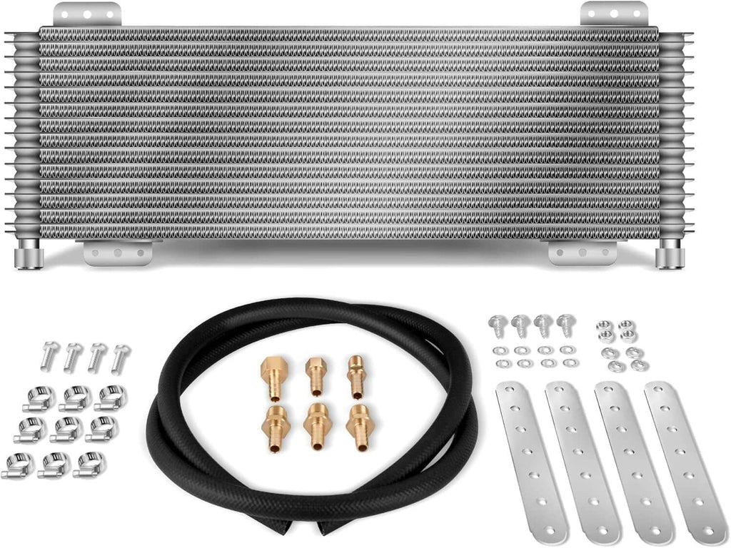 Transmission oil cooler core with black hose and brass connectors, plus mounting hardware pieces