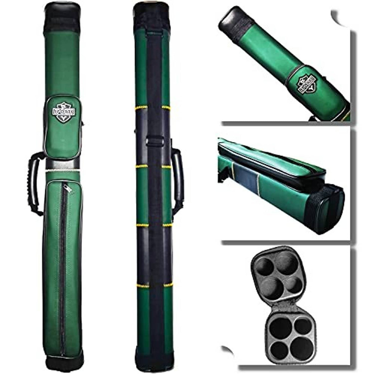 Green hard billiard cue case for two cues, with front logo and carrying handle.