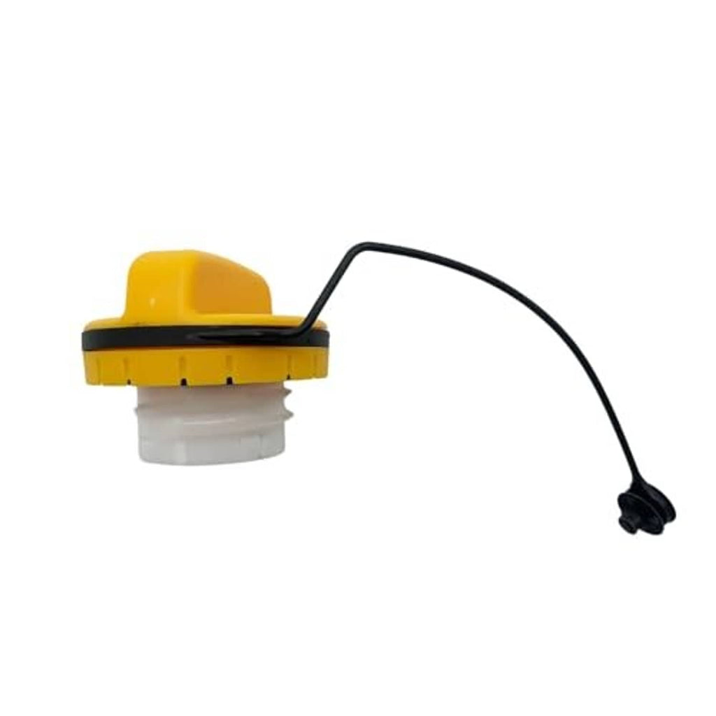 Yellow fuel filler cap with black ring and visible white inner insert; tether attached.