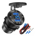 Black 12V car USB charger with dual PD and QC 3.0 ports, blue LED display