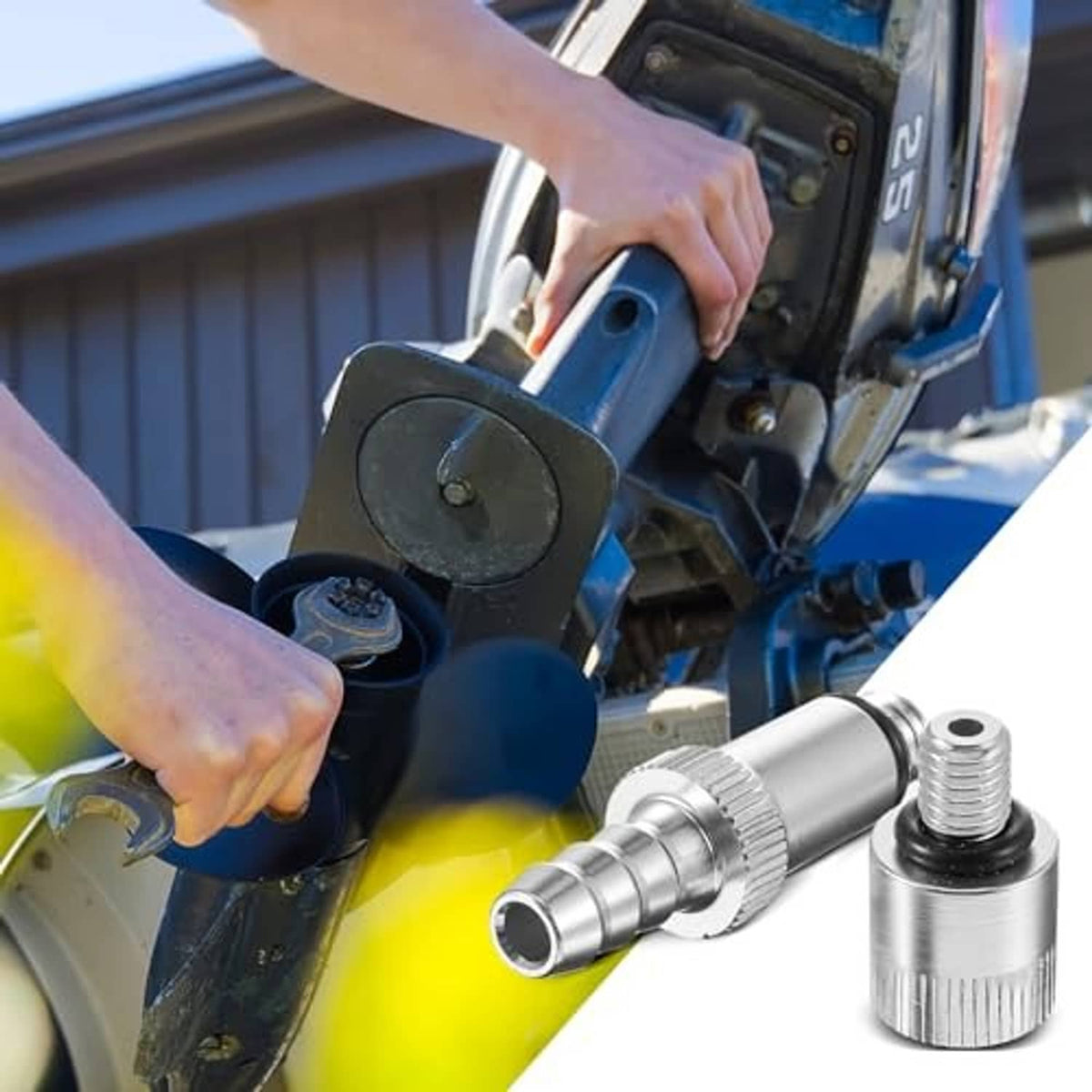 Stainless steel outboard lower unit pump adapter with barbed hose fitting and threaded connector
