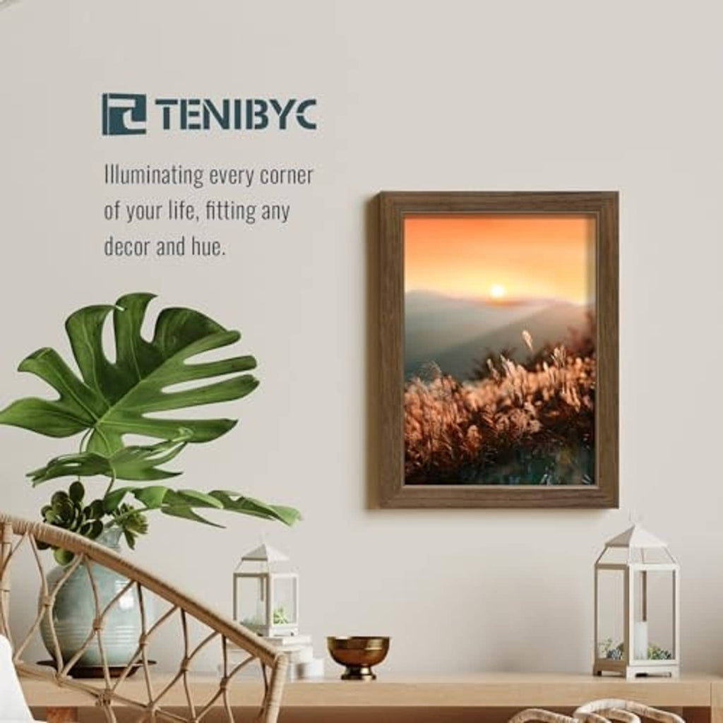 Brown woodgrain 12x16 picture frame with tempered glass mounted on a wall