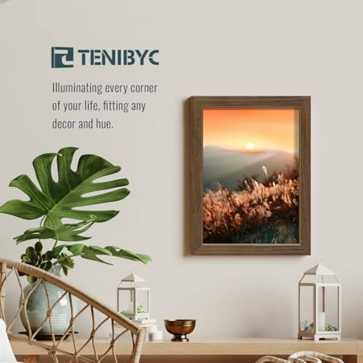 Brown woodgrain 12x16 picture frame with tempered glass mounted on a wall