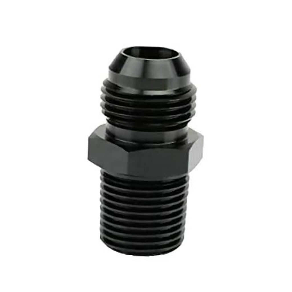 Black aluminum AN flare-to-NPT male adapter fitting with hex drive and threaded ends