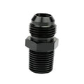 Black aluminum AN flare-to-NPT male adapter fitting with hex drive and threaded ends