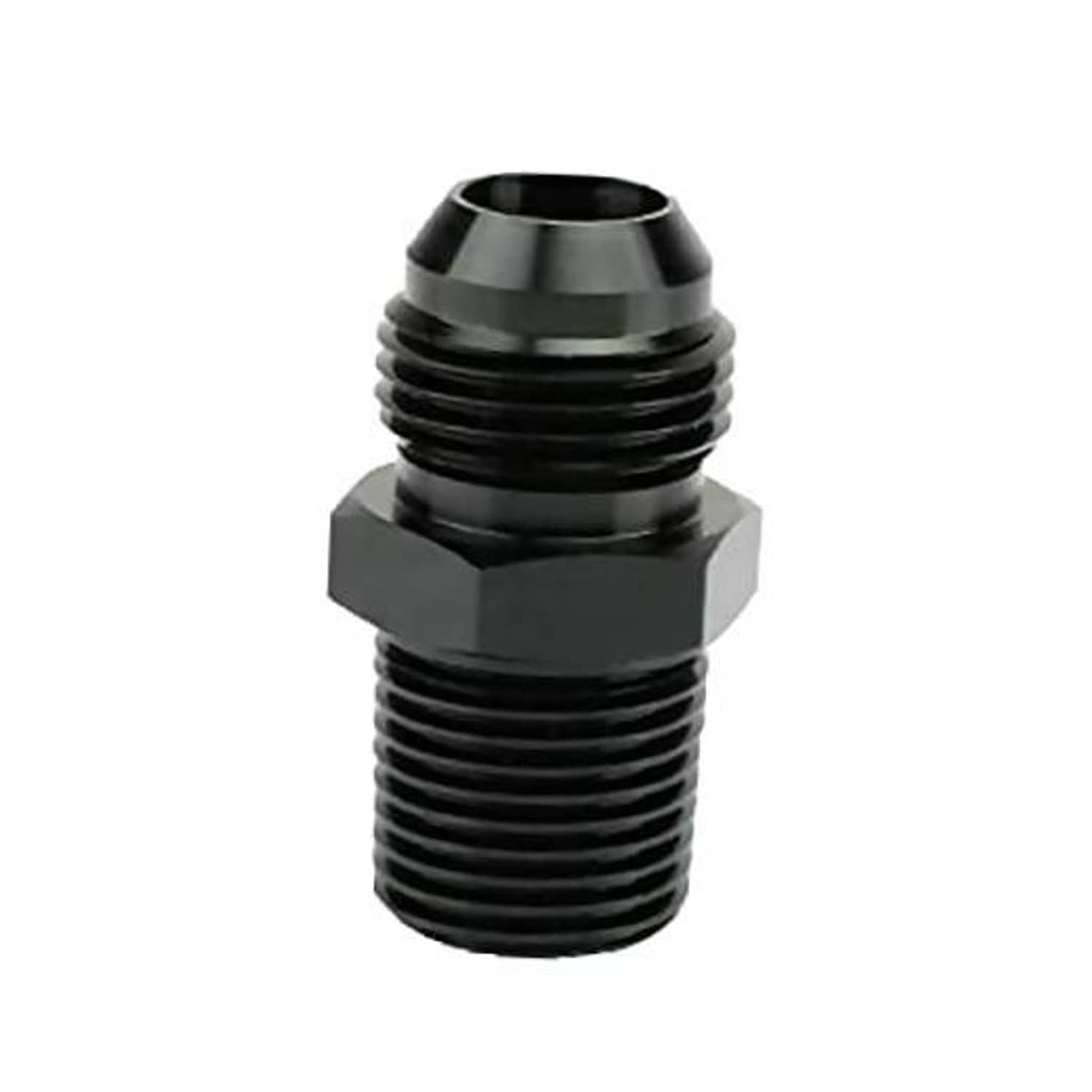 Black aluminum AN flare-to-NPT male adapter fitting with hex drive and threaded ends