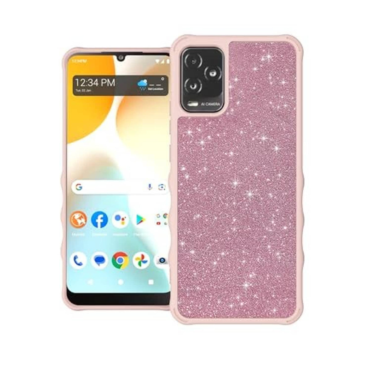 Pink glitter phone case showing front and back coverage with ring kickstand