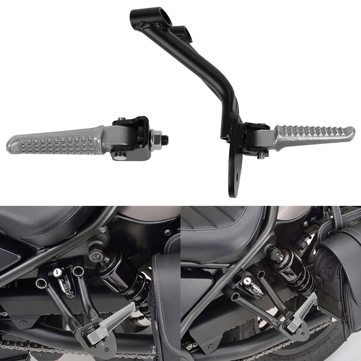 Rear passenger footrest pegs set with black brackets and textured silver foot pads