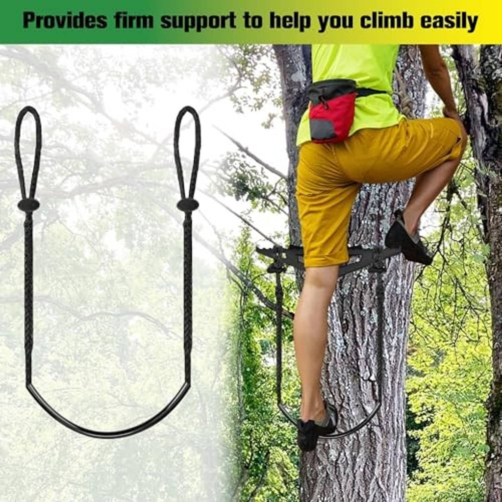 Single-step climbing stick aider around a tree trunk with curved step for climbing